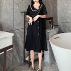 Short-sleeve Contrast Trim Double Breast Pleated Dress Black - One Size