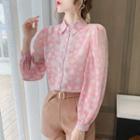 Long-sleeve Floral Print Lace Trim Chiffon Shirt