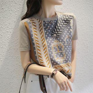 Short-sleeve Print Knit Top Blue & Khaki - One Size