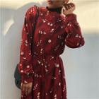 Long-sleeve Tie-waist Floral Printed Dress As Shown In Figure - One Size