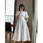 Puff-sleeve Jacquard Zipped Midi A-line Dress