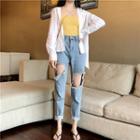 Sheer Long-sleeve Shirt / Camisole Top / High-waist Cropped Jeans