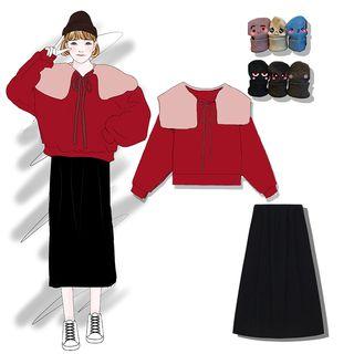 Collared Pullover / Midi A-line Skirt / Beanie