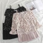 Bell-sleeve Off-shoulder Ruffled Heart Printed Blouse / High-waist Pleated Mini Skirt