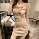 Long-sleeve Knotted Cutout Sheath Dress