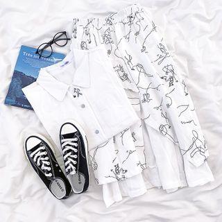 Short-sleeve Embroidered Shirt / Printed Midi Skirt