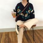 Long-sleeve Printed Knit Cardigan As Shown In Figure - One Size