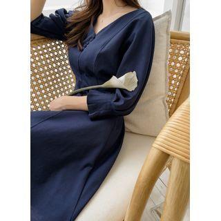 Pintuck-cuff Long Flare Dress