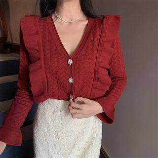 V-neck Ruffle Trim Cardigan Red - One Size
