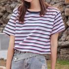 Short-sleeve Striped T-shirt Stripes - Navy Blue & Red - One Size