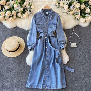 Long-sleeve Belted Midi A-line Denim Shirtdress