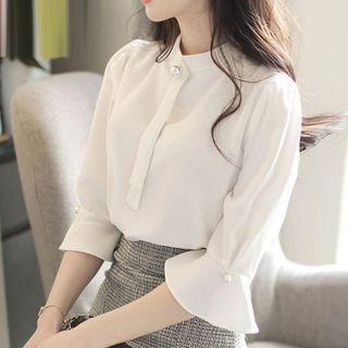 Elbow Bell-sleeve Plain Loose Fit Chiffon Shirt
