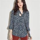 Tie-neck Bell-sleeve Patterned Blouse