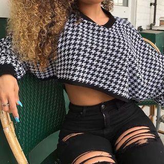 Houndstooth Cropped Sweatshirt Black & White - One Size