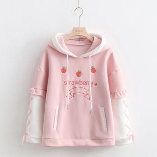 Mock Two-piece Strawberry Embroidered Hoodie