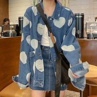 Heart Print Denim Jacket Blue - One Size