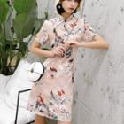 Short-sleeve Mandarin Collar Floral Print Mini A-line Dress