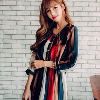 Striped 3/4-sleeve A-line Midi Chiffon Dress