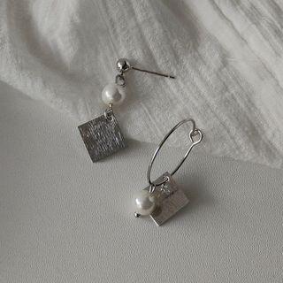 Faux Pearl Square Asymmetrical Alloy Dangle Earring 1 Pair - A826 - Silver - One Size