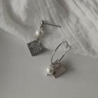 Faux Pearl Square Asymmetrical Alloy Dangle Earring 1 Pair - A826 - Silver - One Size