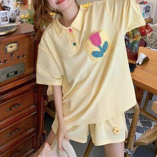 Short-sleeve Lapel Flower Embroidered T-shirt / High-waist Wide-leg Shorts