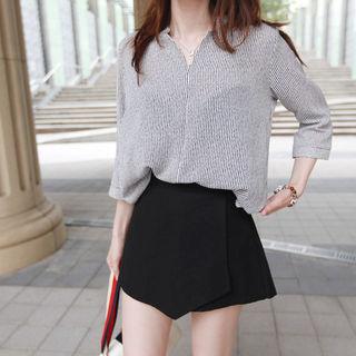 Collared Open-placket Striped Top