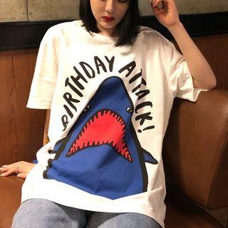 Shark Print Short-sleeve T-shirt White - One Size