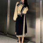 Long-sleeve Contrast Trim Knit Cardigan / High-waist Slit Skirt