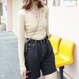 Button-up Crop Knit Top Almond - One Size