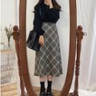 Polo Neck Sweater / Plaid A-line Midi Skirt / Set