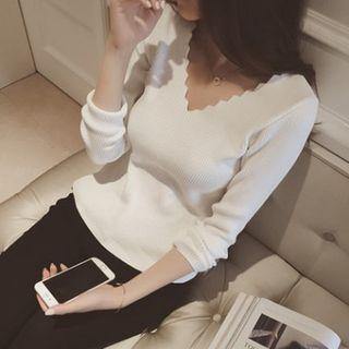 Plain V-neck Ribbed Knit Top