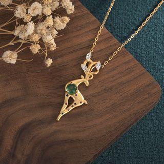 Faux Gemstone Deer Pendant Alloy Necklace Cp87 - Green & Gold - One Size