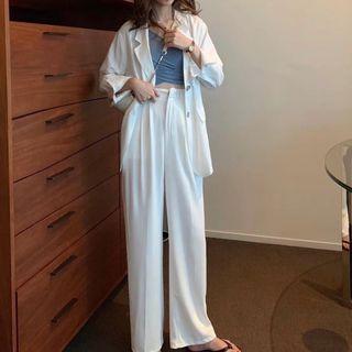 Plain Single-breasted Blazer / Cropped Camisole Top / High-waist Wide-leg Pants