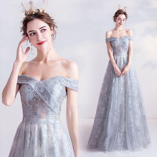 Cold-shoulder Embroidered Mesh A-line Evening Gown