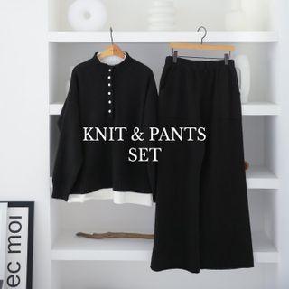 Set: Layered-hem Sweater + Wide-leg Knit Pants