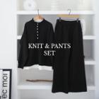 Set: Layered-hem Sweater + Wide-leg Knit Pants