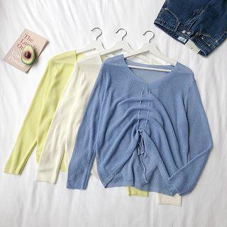 Sheer Drawstring Front V-neck Lightweight Knit Top