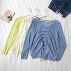 Sheer Drawstring Front V-neck Lightweight Knit Top
