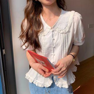 Short-sleeve Plain Collar Ruffled Top
