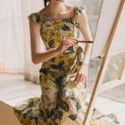 Flower Print Cutout Back Spaghetti Strap Midi Dress
