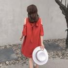 Elbow-sleeve Cold Shoulder Shift Dress