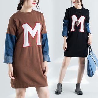 Denim Panel Long-sleeve Knit Dress