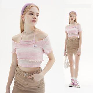 Two Piece: Halter Neck Top+ Off-shoulder Logo Top