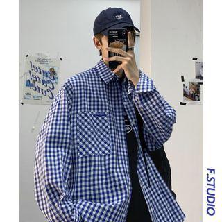 Pocket Lettering Plaid Long-sleeve Top