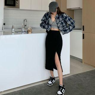 Plain Crop Camisole Top / High Waist Split Maxi Dress / Two-tone Plaid Crop Shirt