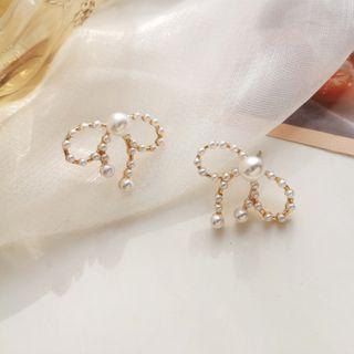925 Sterling Silver Beaded Ribbon Ear Stud 1 Pair - S925 Silver Needle - Earring - Bow - Gold - One Size