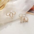 925 Sterling Silver Beaded Ribbon Ear Stud 1 Pair - S925 Silver Needle - Earring - Bow - Gold - One Size