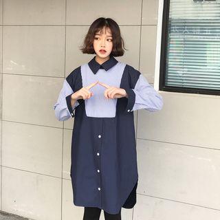 Pinstripe Panel Long-sleeve Dress
