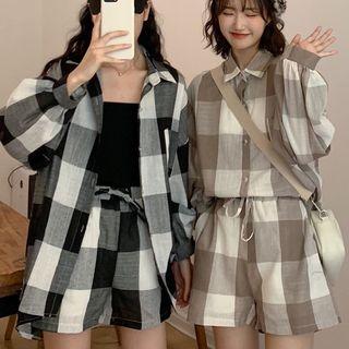 Set: Long-sleeve Gingham Shirt + Shorts