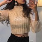 High Neck Chiffon Panel Crop Sweater